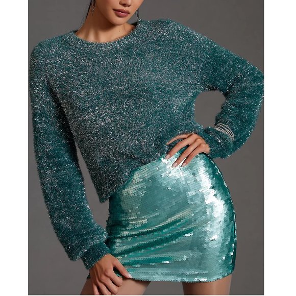 Anthropologie Maeve Tinsel Eyelash Sweater Blue Green Silver XL - Picture 1 of 11